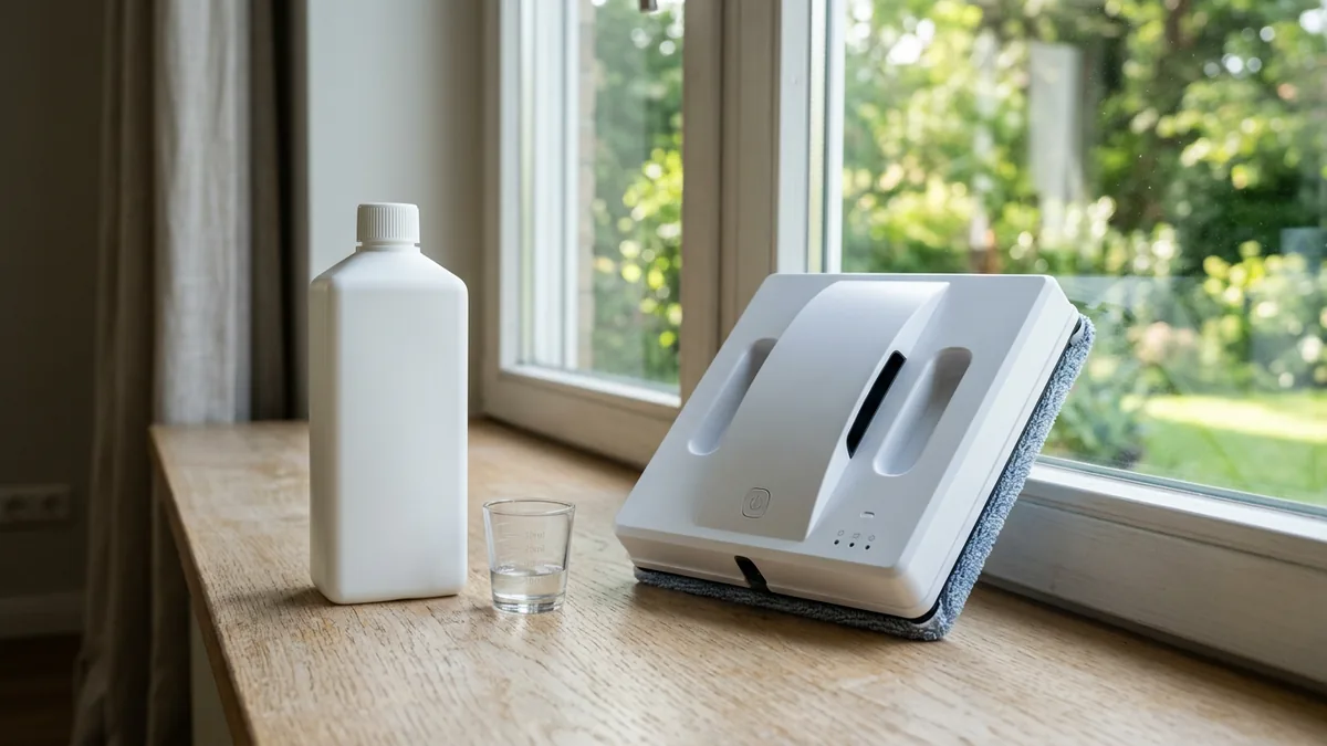 Flasche mit Reinigungslösung neben einem Fensterputzroboter auf einem hellen Fensterbrett