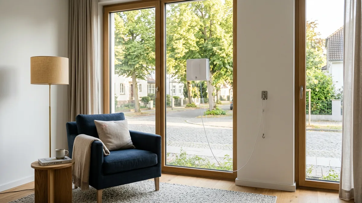 Fensterputzroboter an einem bodentiefen Fenster eines hellen Wohnzimmers, gesichert mit seinem Sicherheitsseil