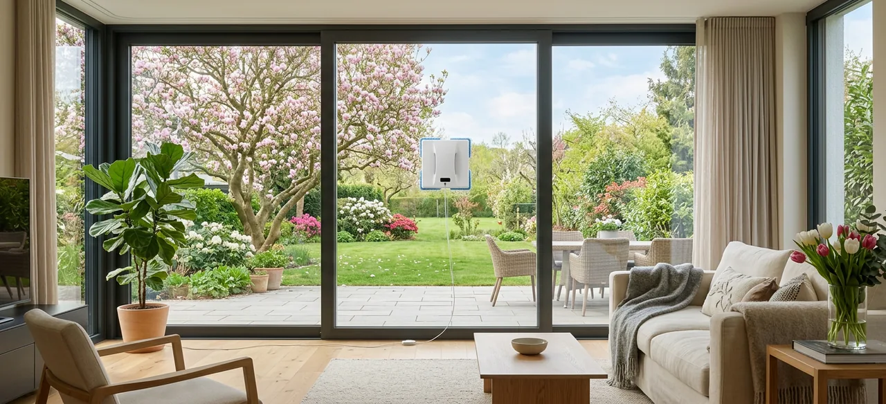 Ein Fensterputzroboter reinigt die große Glasfront eines Wohnzimmers mit Blick in einen gepflegten Garten