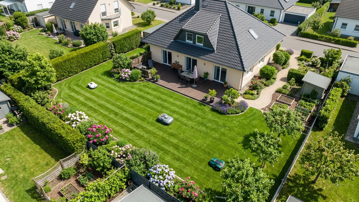 Luftbild eines gepflegten Gartens hinter einem Einfamilienhaus, auf dessen gestreiftem Rasen drei verschiedene Mähroboter mähen