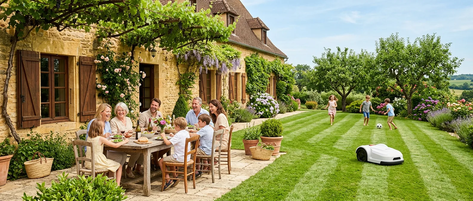 Une famille déjeune sous la treille d'une maison en pierre du Périgord pendant qu'un robot tondeuse blanc tond la pelouse où jouent les enfants
