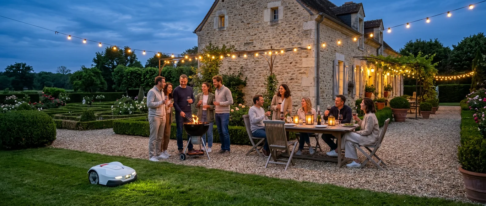 Des amis autour d'un barbecue sous des guirlandes lumineuses devant une maison en pierre, pendant qu'un robot tondeuse blanc tond la pelouse à la tombée de la nuit