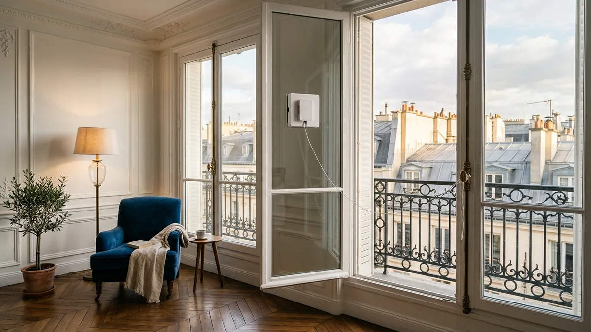 Robot lave-vitre sur la porte-fenêtre d’un appartement parisien, retenu par sa corde de sécurité