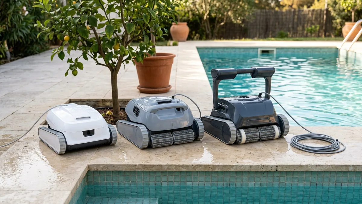 Trois robots de piscine de tailles différentes posés côte à côte sur la margelle en pierre claire d'une piscine enterrée, devant un citronnier en pot