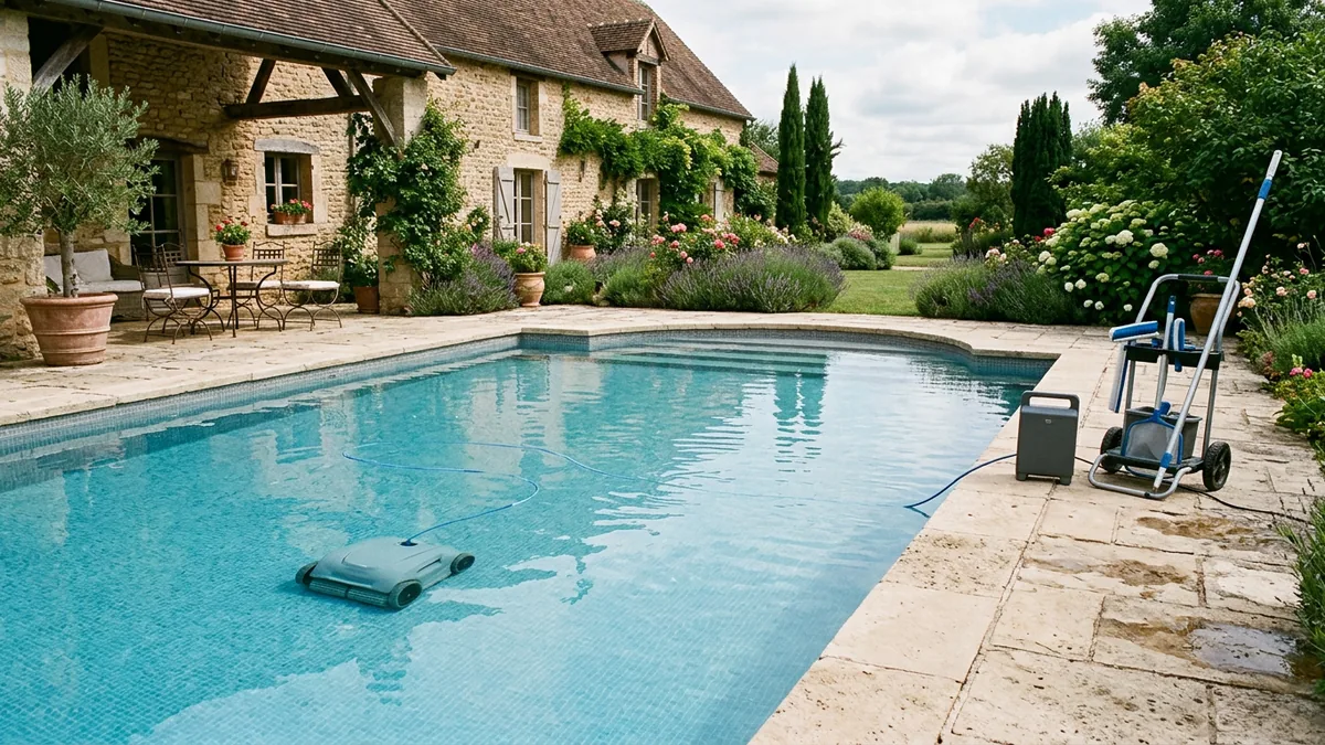 Robot de piscine filaire au fond d'une grande piscine enterrée devant une ferme en pierre, avec son câble flottant relié à l'alimentation posée au bord et un chariot