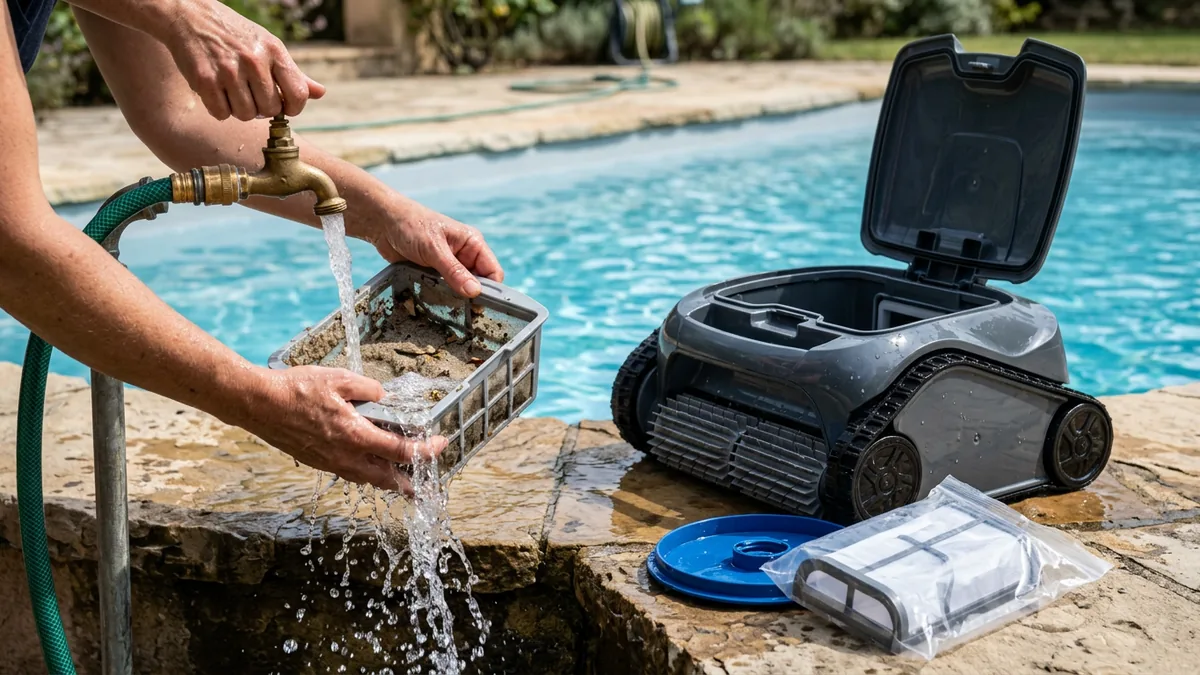Mains qui rincent sous un robinet le panier filtrant d'un robot de piscine posé ouvert sur la margelle, avec une cartouche filtrante neuve dans son sachet