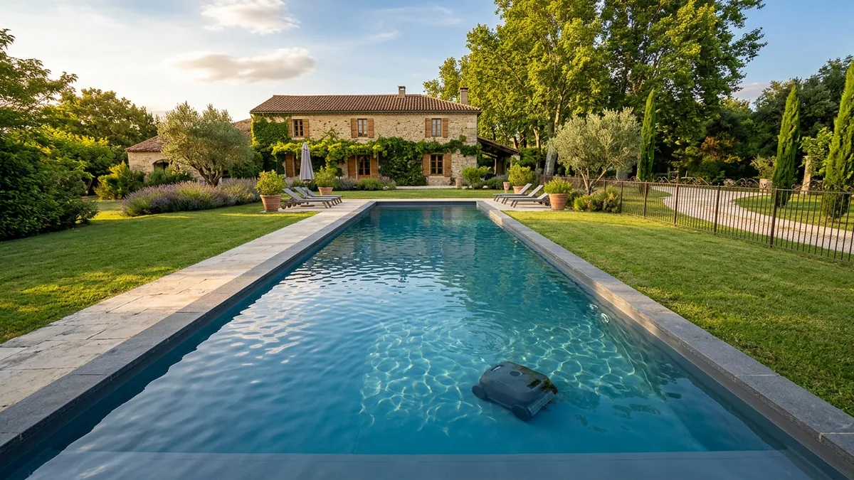 Longue piscine enterrée dans le grand jardin d'une maison de campagne du sud-ouest, avec un robot de piscine au fond du bassin
