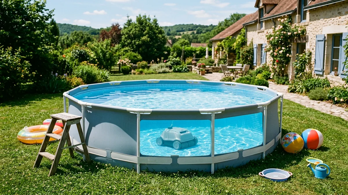 Piscine hors sol tubulaire ronde sur la pelouse d'une maison de la vallée de la Loire, avec une échelle en bois et un robot de piscine au fond