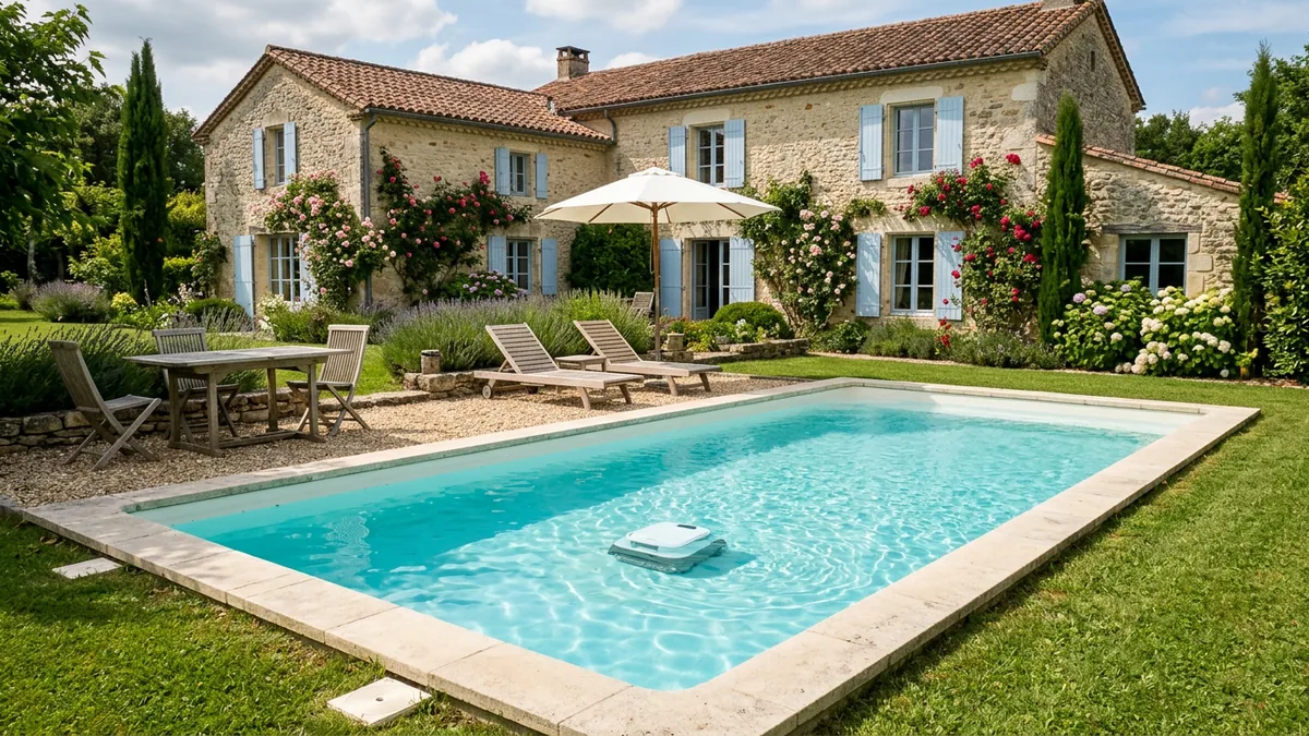 Piscine enterrée rectangulaire avec margelle en pierre claire dans le jardin d’une maison en pierre aux volets bleus, un robot de piscine au fond