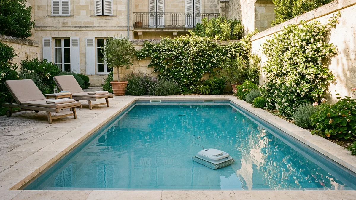Petite piscine enterrée dans la cour d'une maison de ville bordelaise, avec deux bains de soleil et un robot de piscine compact au fond