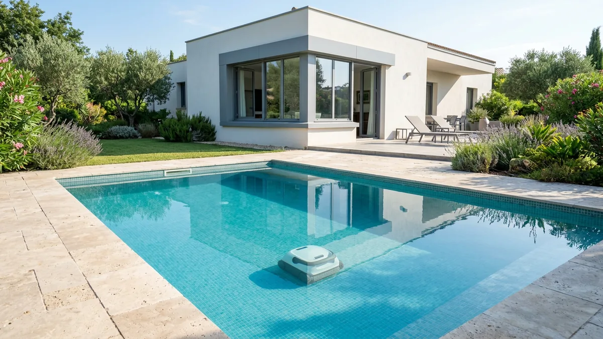 Piscine enterrée d'une villa moderne aux murs blancs, eau calme sans aucun câble à la surface, avec un robot de piscine sans fil au fond