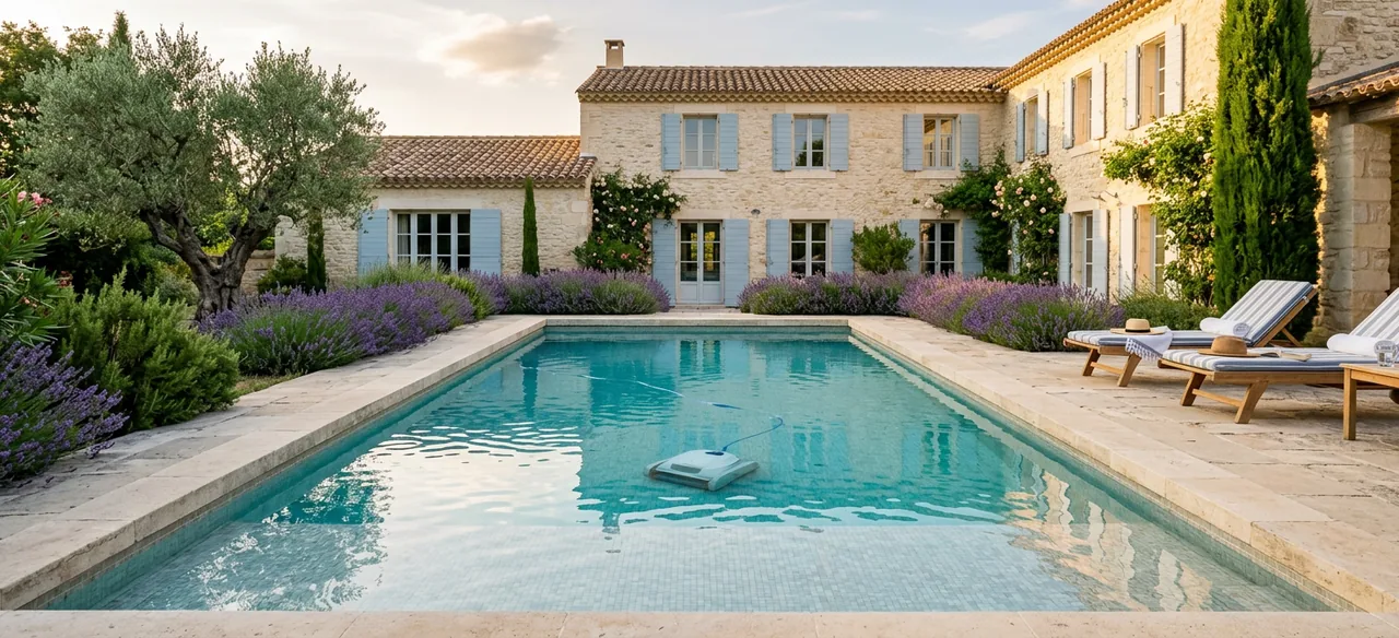 Robot de piscine au fond d'une piscine enterrée devant une maison provençale en pierre aux volets bleus, avec lavande, olivier et bains de soleil