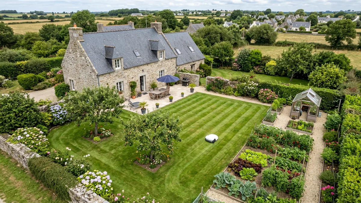 Vue aérienne d'une maison bretonne en granit avec potager et pommiers, sur la pelouse rayée de laquelle tond un robot tondeuse blanc