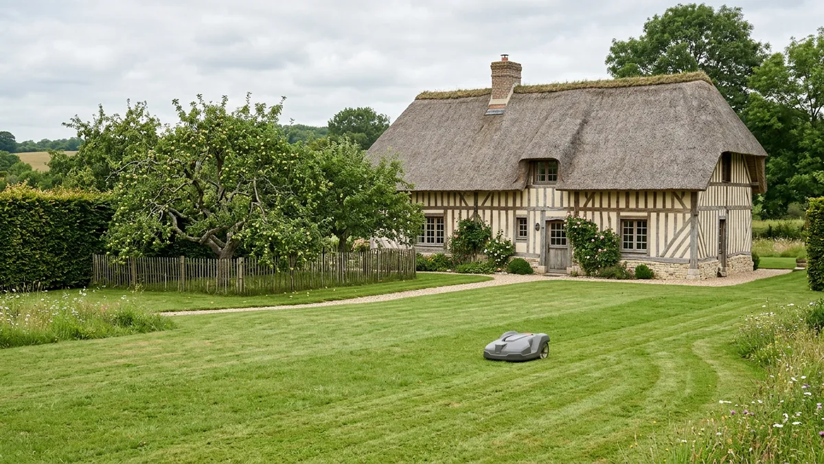 Grande pelouse devant une longère normande à colombages et toit de chaume, avec un verger, sur laquelle tond un robot tondeuse gris