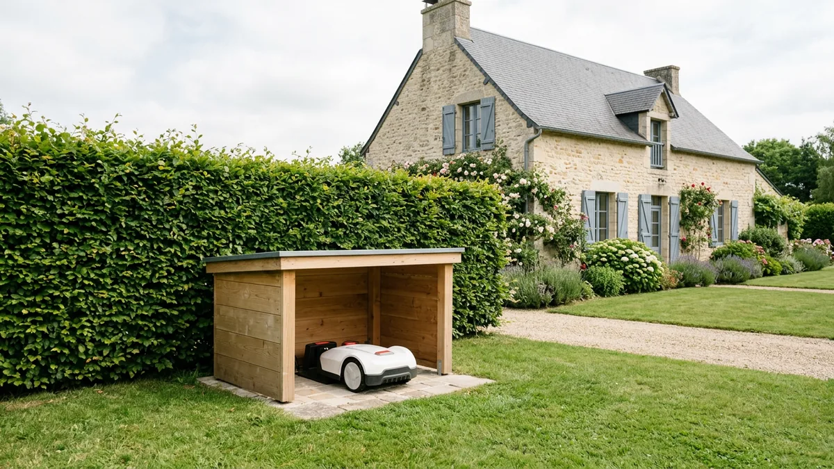 Robot tondeuse blanc garé sous un petit abri en bois à toit plat au bord de la pelouse, devant une haie de charmes et une maison en pierre aux volets gris