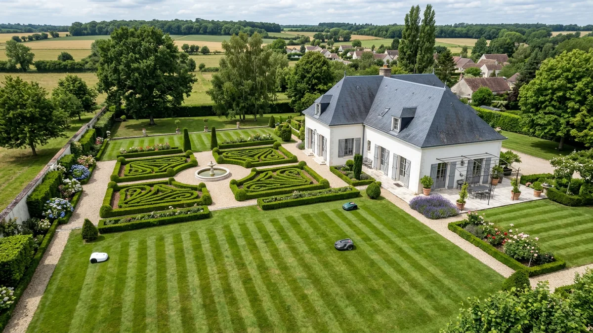Vue aérienne d'un jardin à la française devant une maison blanche au toit d'ardoise, sur la pelouse rayée duquel tondent plusieurs robots tondeuses