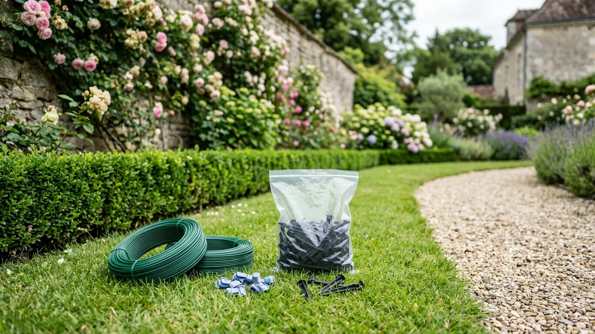 Deux rouleaux de fil périphérique vert, un sachet de cavaliers et des connecteurs posés sur la pelouse au bord d'une allée de gravier, devant un mur de pierre fleuri de roses