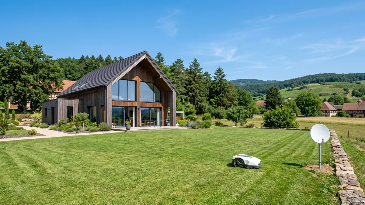 Maison moderne à bardage bois dans la campagne alsacienne, avec une petite antenne RTK au bord de la pelouse et un robot tondeuse blanc