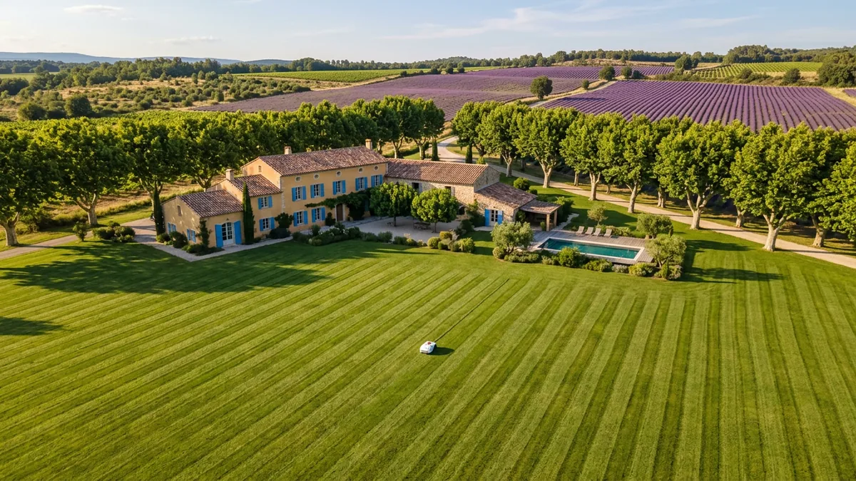 Vue aérienne d'une très grande pelouse rayée autour d'un mas provençal, avec platanes et champs de lavande, et un petit robot tondeuse blanc