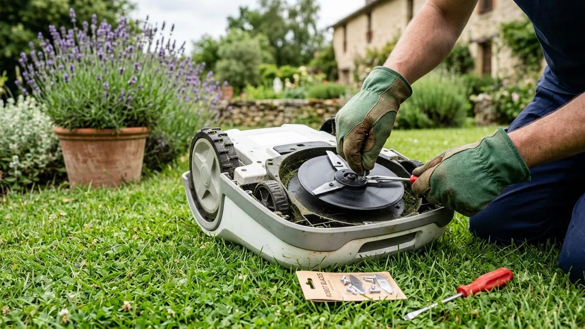 Mains gantées qui changent les lames du disque de coupe d'un robot tondeuse blanc retourné sur l'herbe, avec un sachet de lames neuves et un tournevis