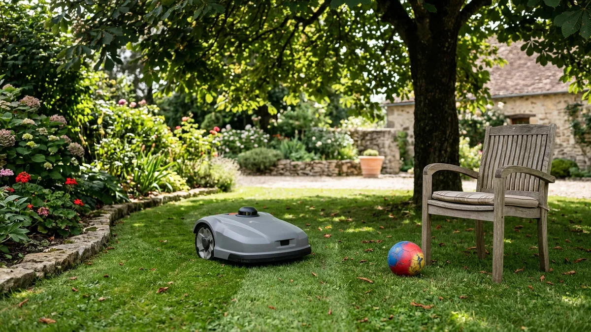 Robot tondeuse gris à dôme de capteur qui contourne une chaise de jardin et un ballon sous des marronniers