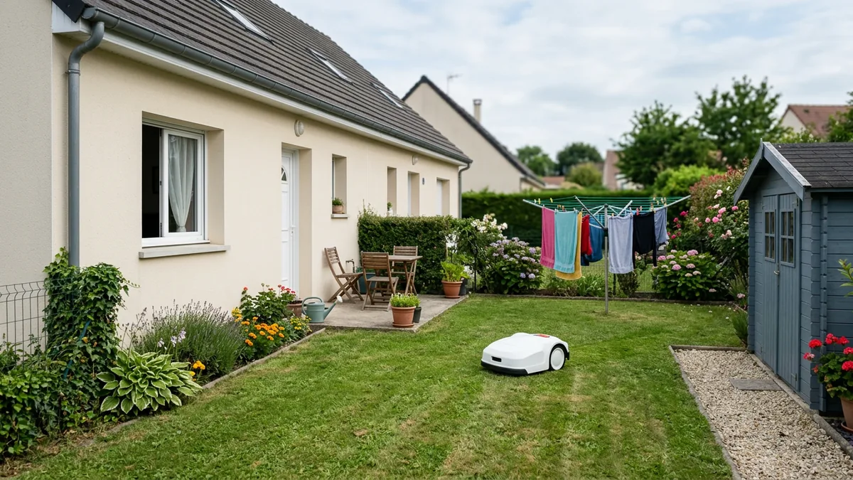 Jardin d'une maison de lotissement avec abri de jardin et étendoir à linge, où un robot tondeuse blanc compact tond une pelouse modeste