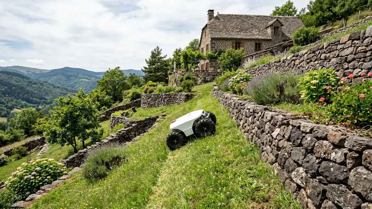 Jardin en pente d'Auvergne avec murets en pierre sèche et maison au toit de lauzes, où un robot tondeuse blanc à quatre roues motrices gravit le talus