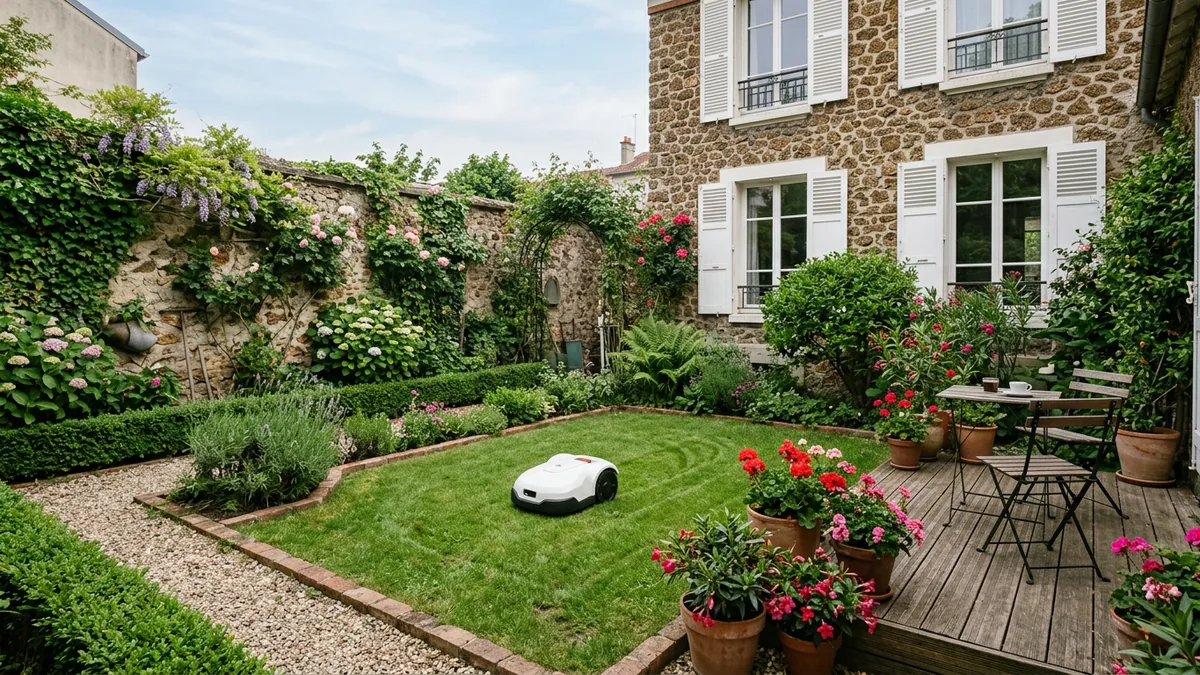 Petit jardin clos derrière une maison en meulière, avec terrasse en bois et géraniums, où un robot tondeuse blanc tond la pelouse