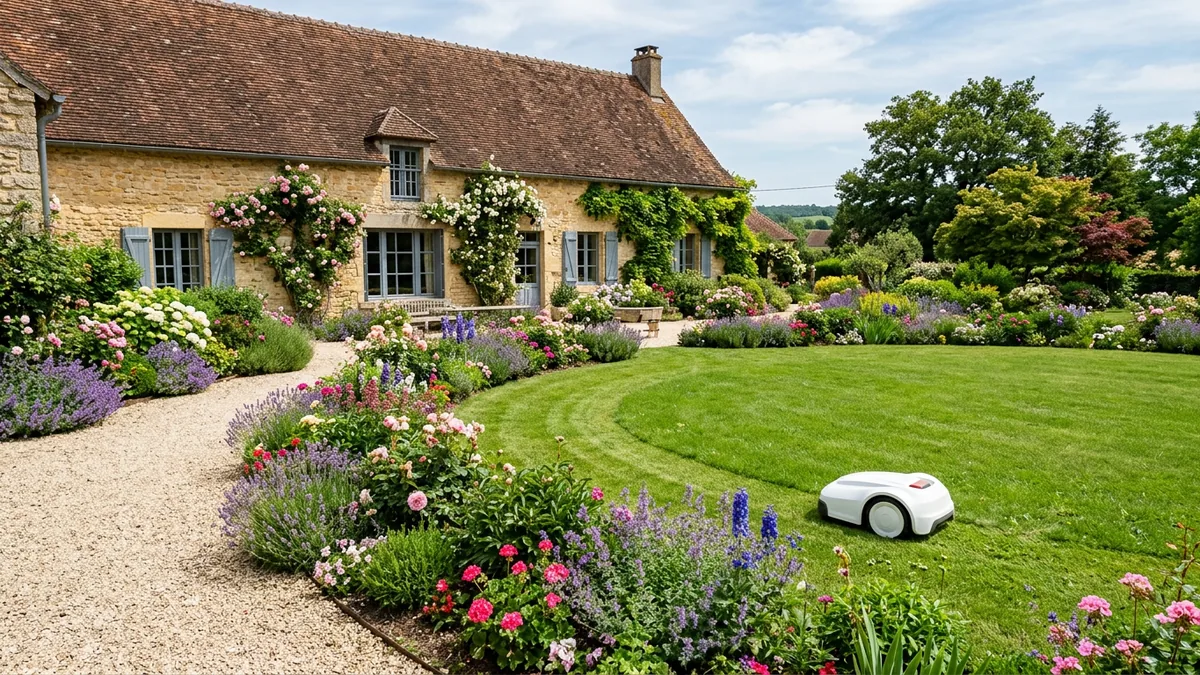 Pelouse arrondie bordée de massifs fleuris et d'une allée de gravier devant une maison en pierre de Bourgogne, où tond un robot tondeuse blanc sans fil périphérique