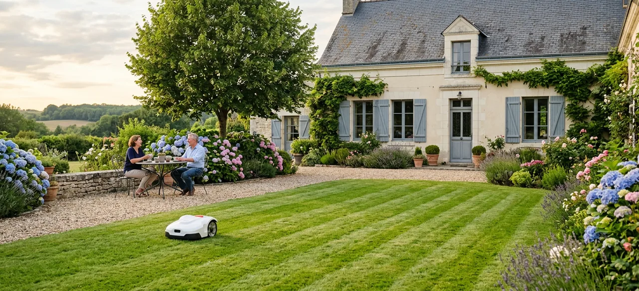 Couple attablé sur la terrasse en gravier d'une maison en tuffeau aux volets gris-bleu, pendant qu'un robot tondeuse blanc tond la pelouse rayée