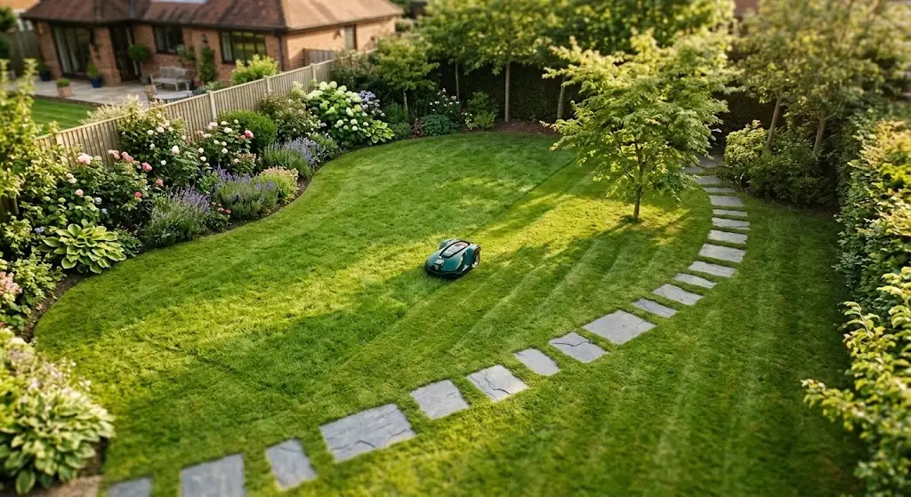 Luftbild eines Gartens mit Beeten und einem Plattenweg, auf dem ein grüner Mähroboter fährt, ohne sichtbares Begrenzungskabel