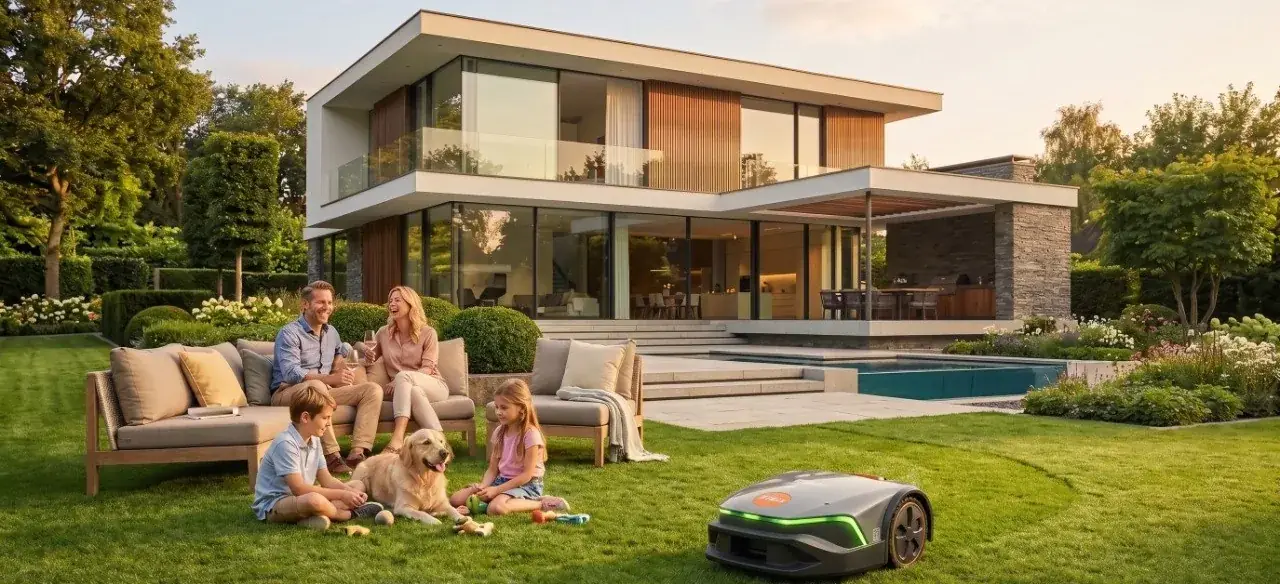 Eine Familie sitzt auf dem Rasen vor einem modernen Haus mit Pool, während daneben ein Mähroboter arbeitet