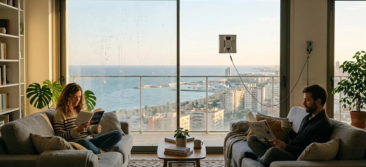 Un robot limpiacristales limpiando el ventanal de un salón con vistas al mar mientras una pareja lee en el sofá
