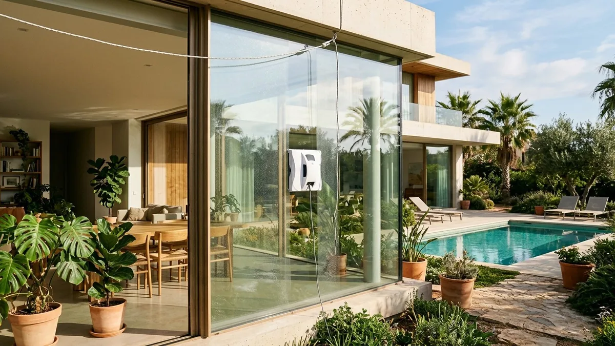 Robot limpiacristales en la cristalera de una casa con jardín y piscina, sujeto con su cuerda de seguridad