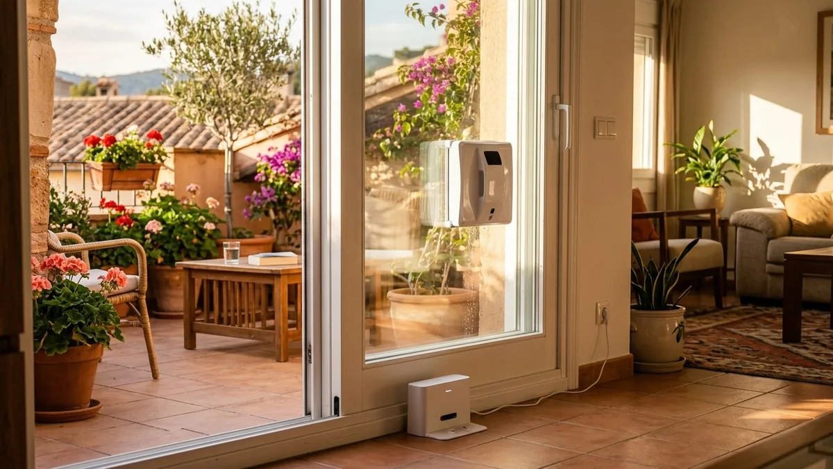 Robot limpiacristales con batería en una puerta corredera de cristal, con su estación de carga en el suelo