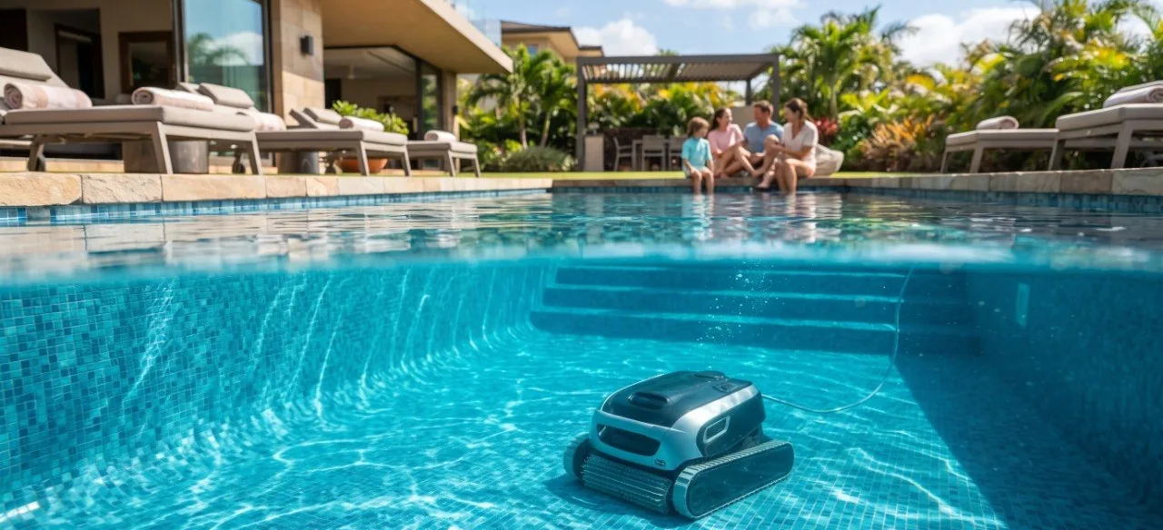 Ein Poolroboter fährt die Wand eines Pools hoch, während sich eine Familie im Garten ausruht