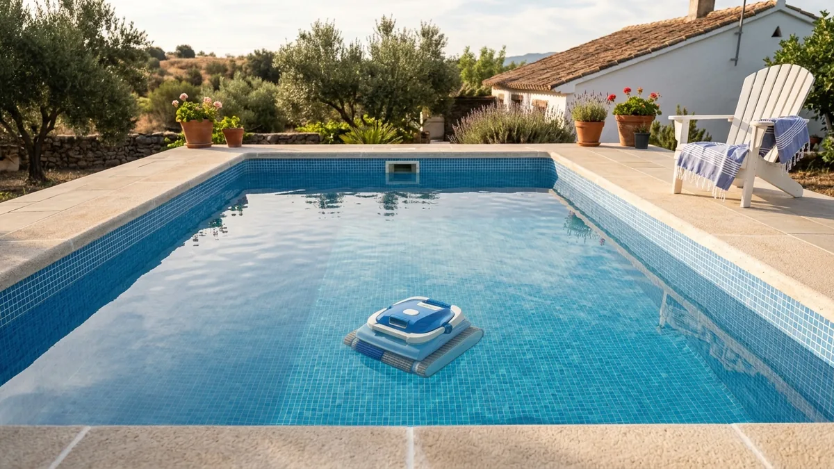 Ein kleiner Poolroboter am Boden eines Gartenpools