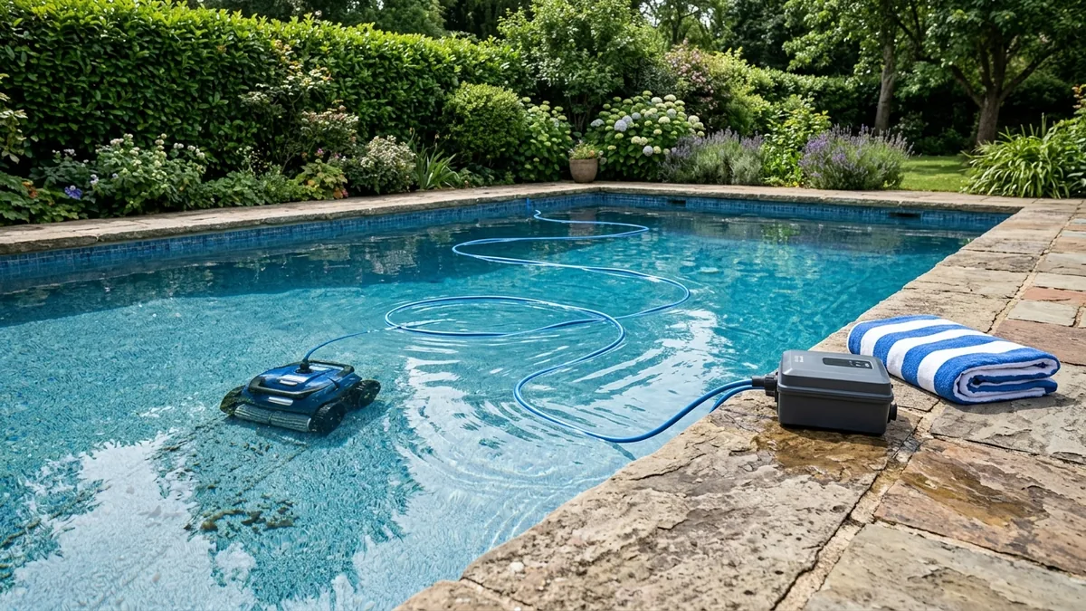Robot limpiafondos con cable flotante limpiando el fondo de una piscina, con la fuente de alimentación en el borde