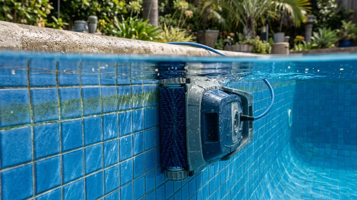 Robot limpiafondos subiendo por la pared de una piscina hasta la línea de flotación