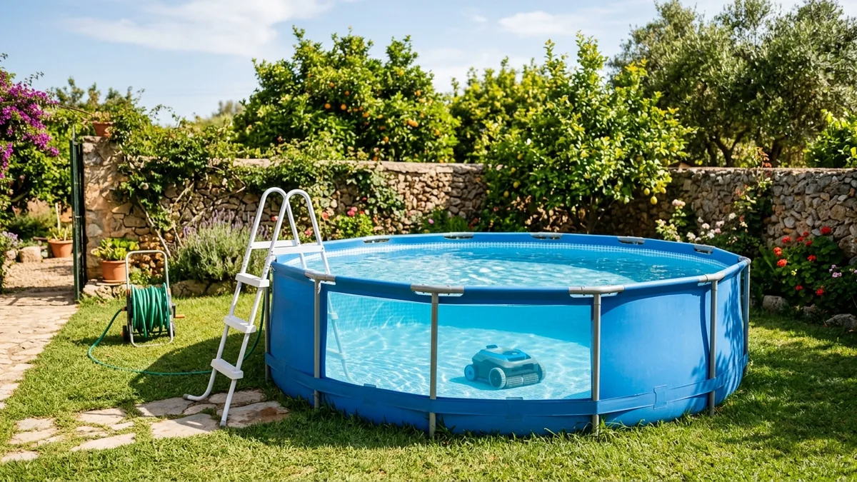 Ein kompakter Poolroboter am Boden eines Aufstellpools mit Stahlrohrrahmen in einem Garten