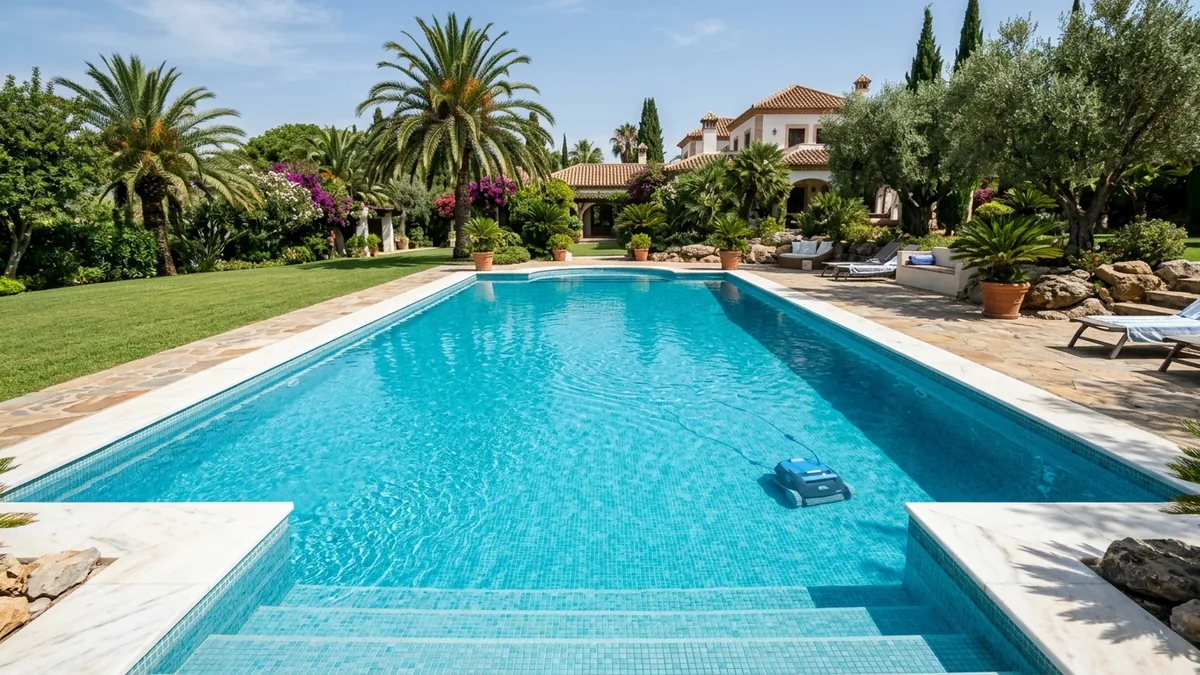 Robot limpiafondos con cable en el fondo de una piscina de obra larga