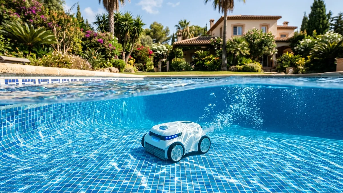 Robot limpiafondos sin cable en el fondo de una piscina azul, sin ningún cable flotando en la superficie