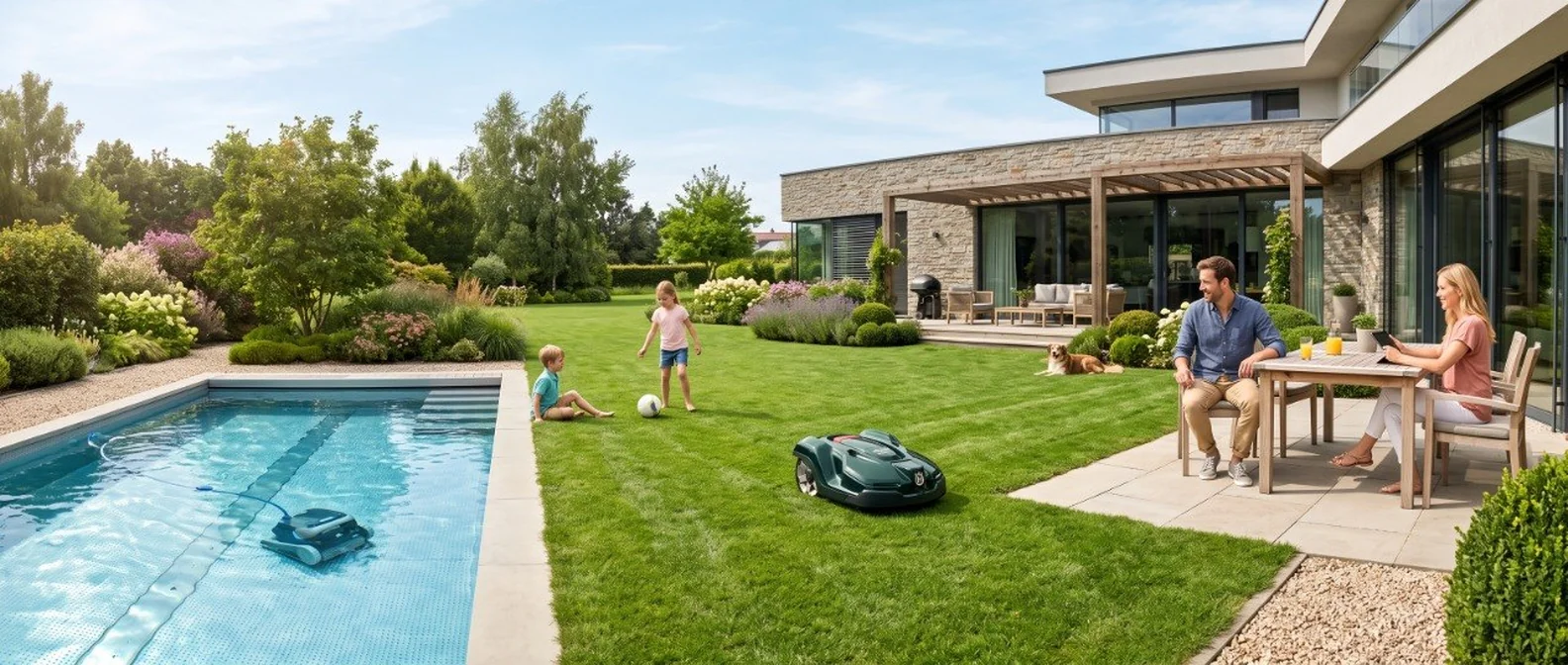 Ein Mähroboter und ein Poolroboter arbeiten in einem Garten mit Pool, während eine Familie den Garten genießt