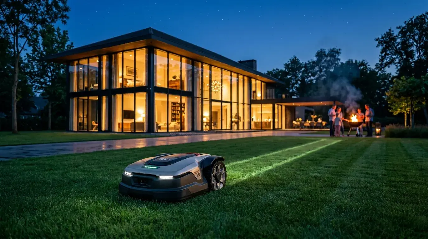 Ein Mähroboter arbeitet nachts in einem beleuchteten Garten, während eine Familie grillt