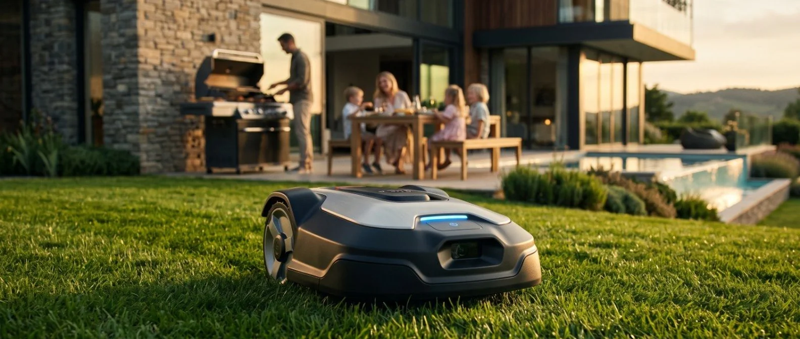 Ein Mähroboter neben einem Pool bei Sonnenuntergang, während eine Familie im Garten zu Abend isst