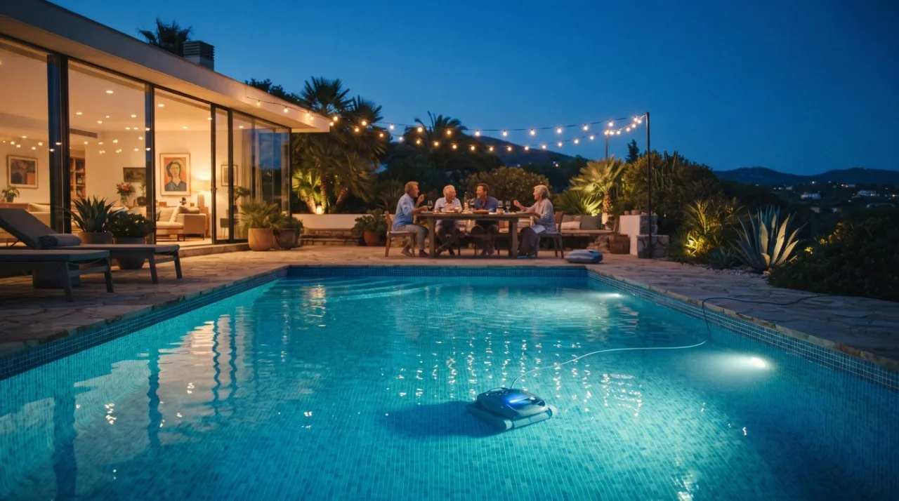 Ein Poolroboter reinigt nachts einen beleuchteten Pool, während eine Familie auf der Terrasse zu Abend isst
